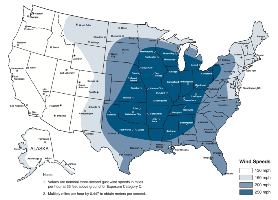 FEMA map of USA wind load severity.