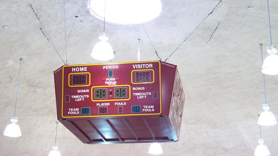 Scoreboard suspended from dome.