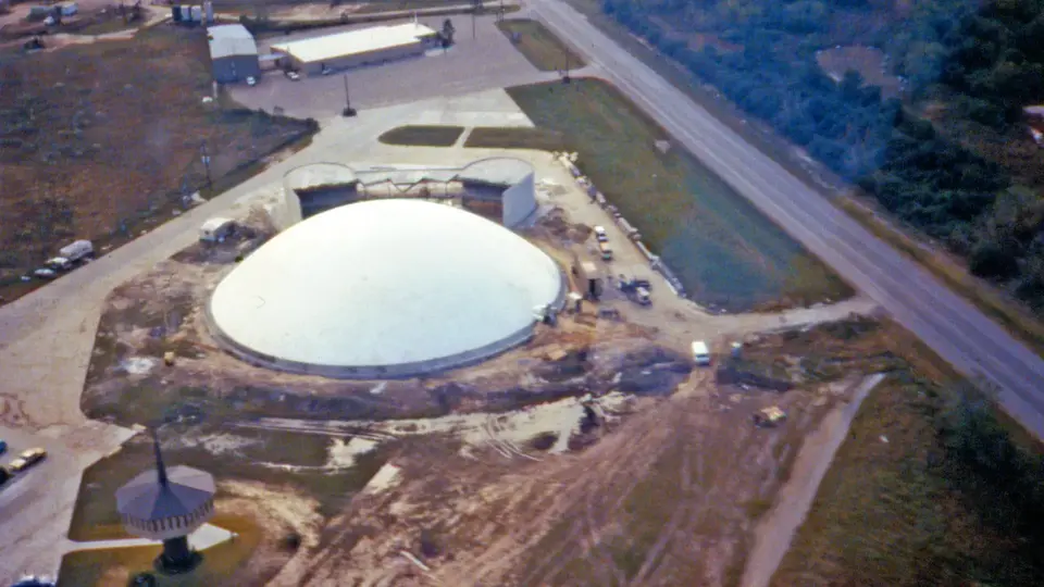 Aerial view of the giant Monolithic Dome under construction.