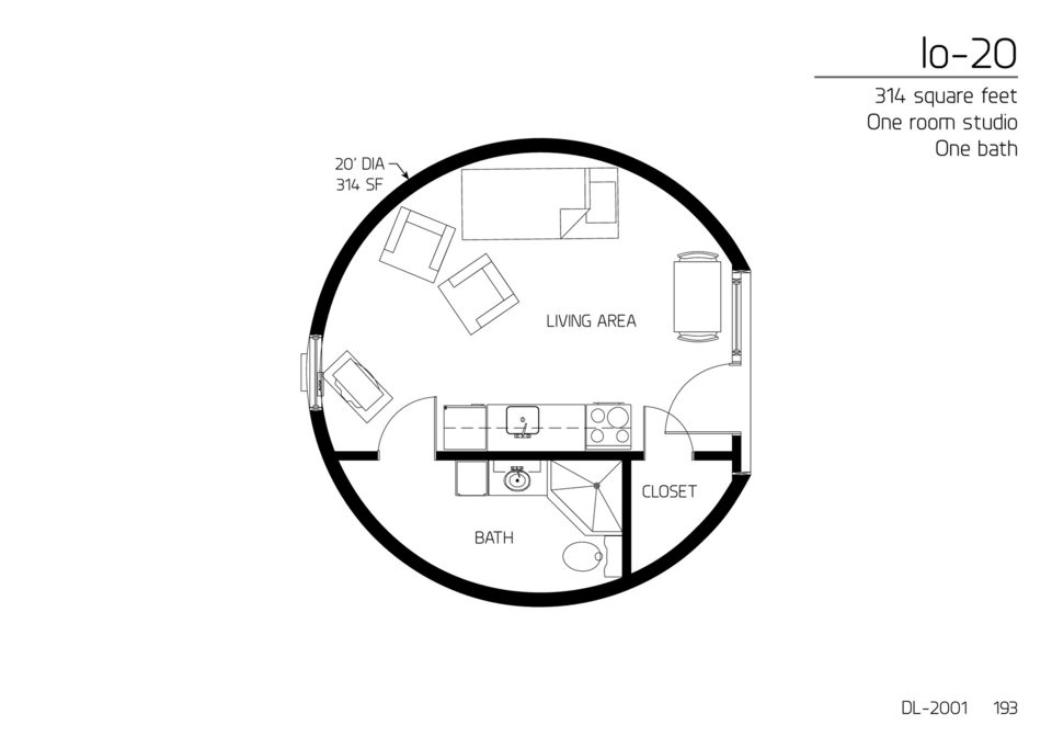 A proven design for an efficiency studio apartment in a Monolithic Dome.