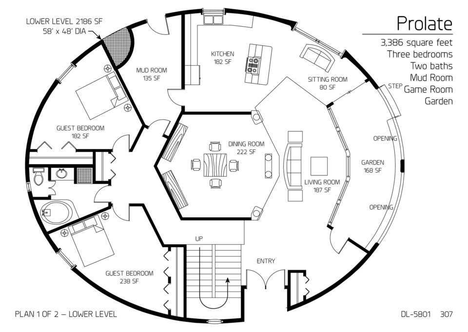 The elliptical footprint of a prolate ellipsoid three-bedroom dome home.