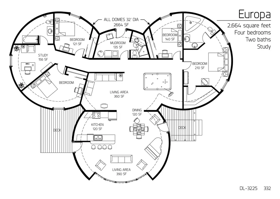 Europa: Four 32' Diameter Interconnected Domes, 2,664 SF, Four-Bedroom, Three-Bath Floor Plan
