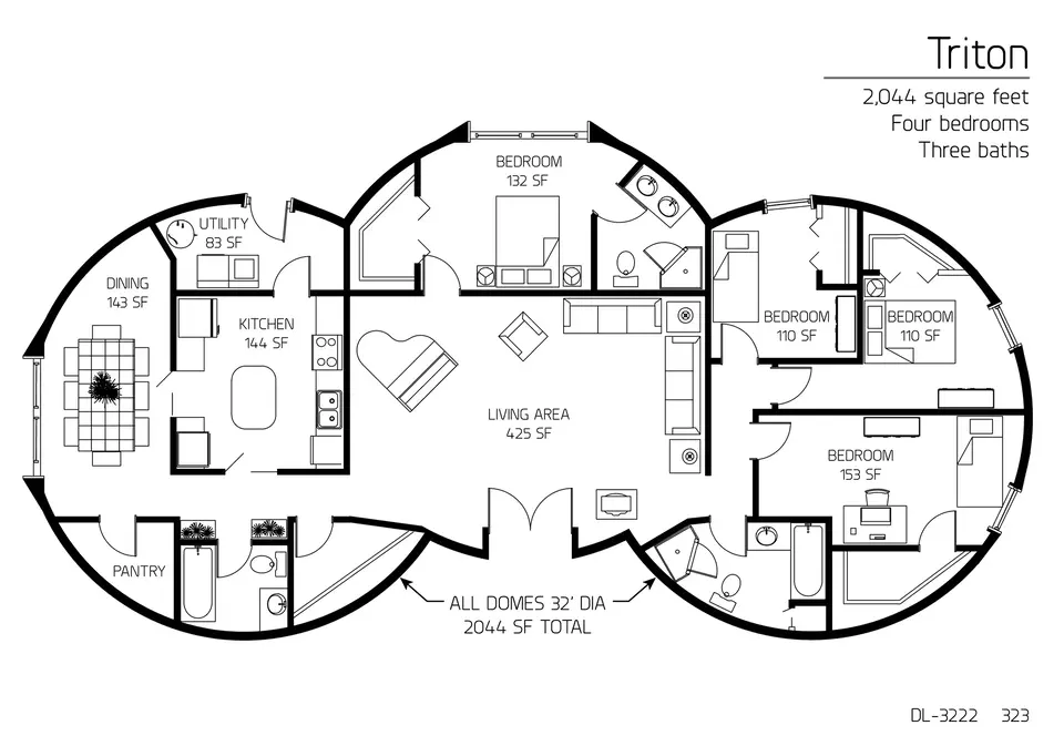 Image of Triton four bedroom Monolithic Dome floor plan.